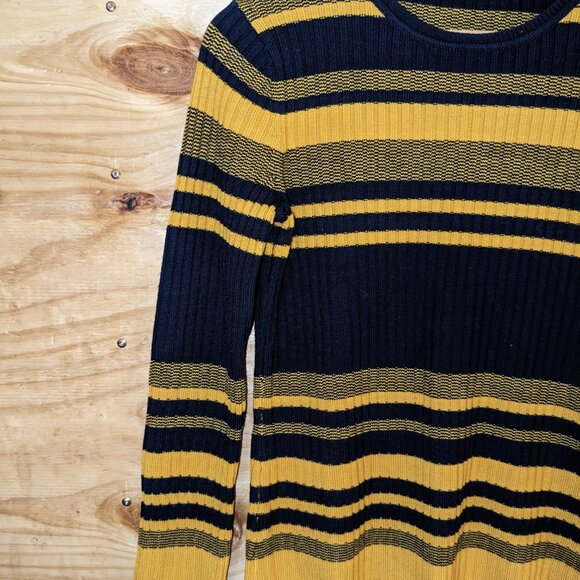 Brooks Brothers Women's Medium 100% Merino Wool Striped Sweater Gold Blue Crew - Picture 2 of 9